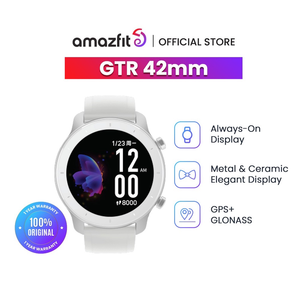 Amazfit GTR 42 Smart Watch GPS Zepp Smartwatch Music 12 Days Battery 5ATM Man Woman 42mm For Android IOS Jam Tangan Pintar-Moonlight White