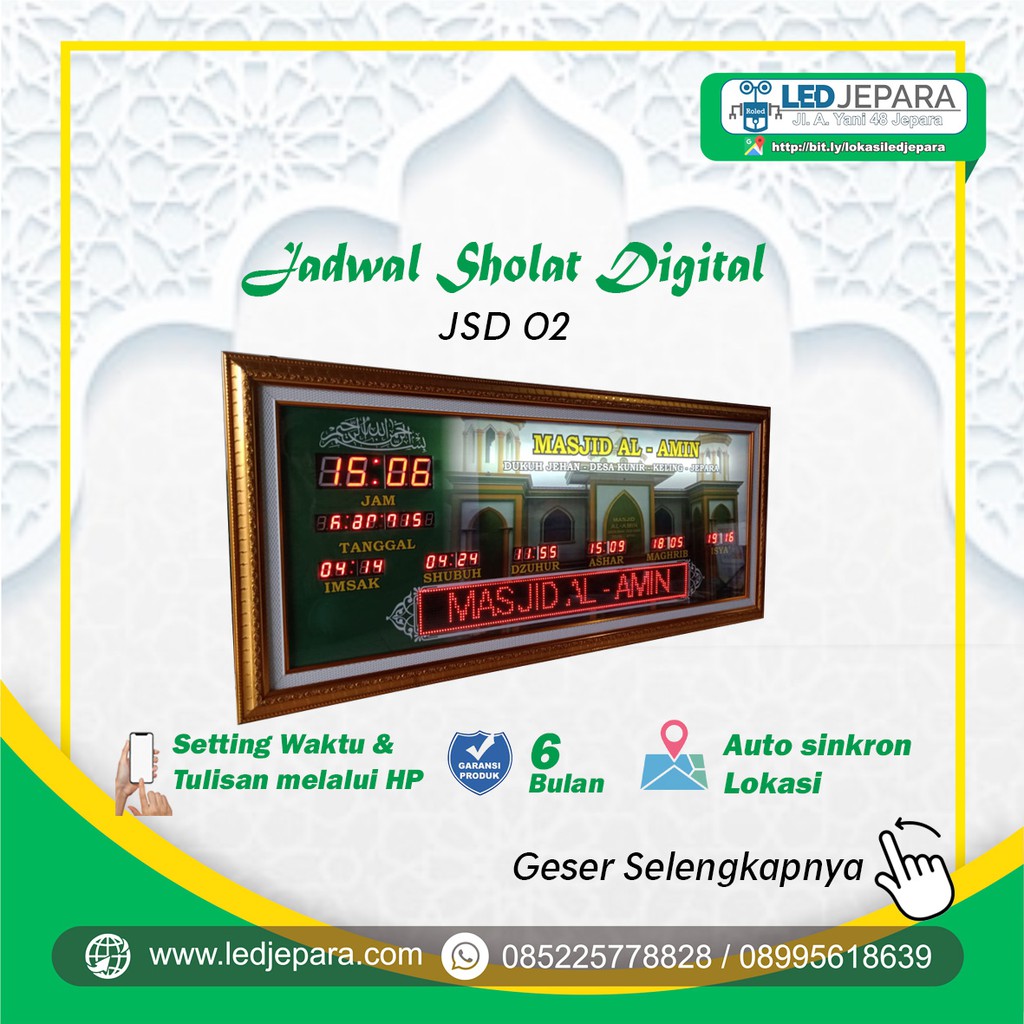 Jadwal Sholat Mewah Beralarm dan Running Text - JSD02 - LED JEPARA