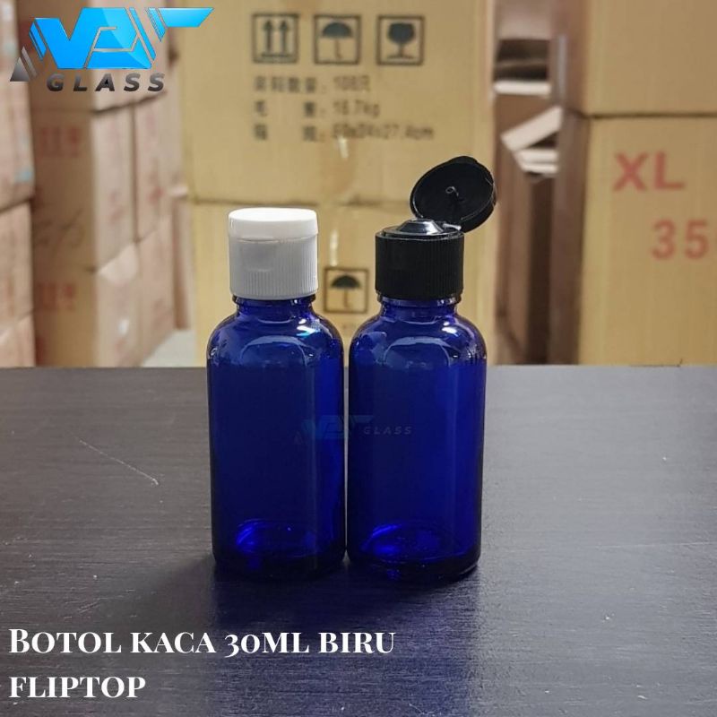 botol kaca 30ml tebal biru tutup fliptop