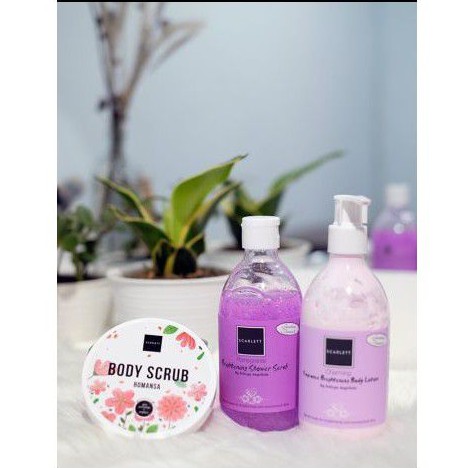 Paket Scarlett Pemutih Badan Body Lotion Charming Shower Scrub Pomegrante Body Scrub Romansa
