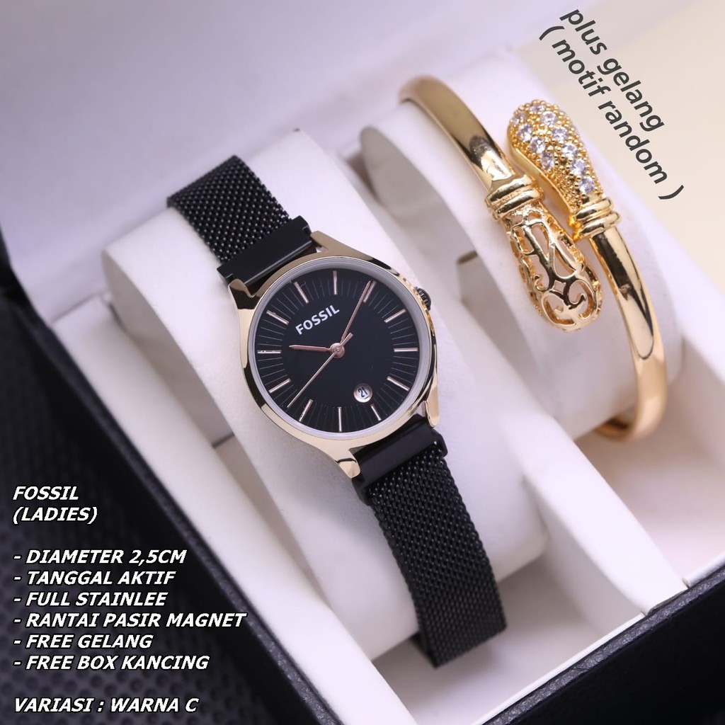 JAM TANGAN WANITA FASHION RANTAI BODY BULAT TANGGAL AKTIF FREE GELANG