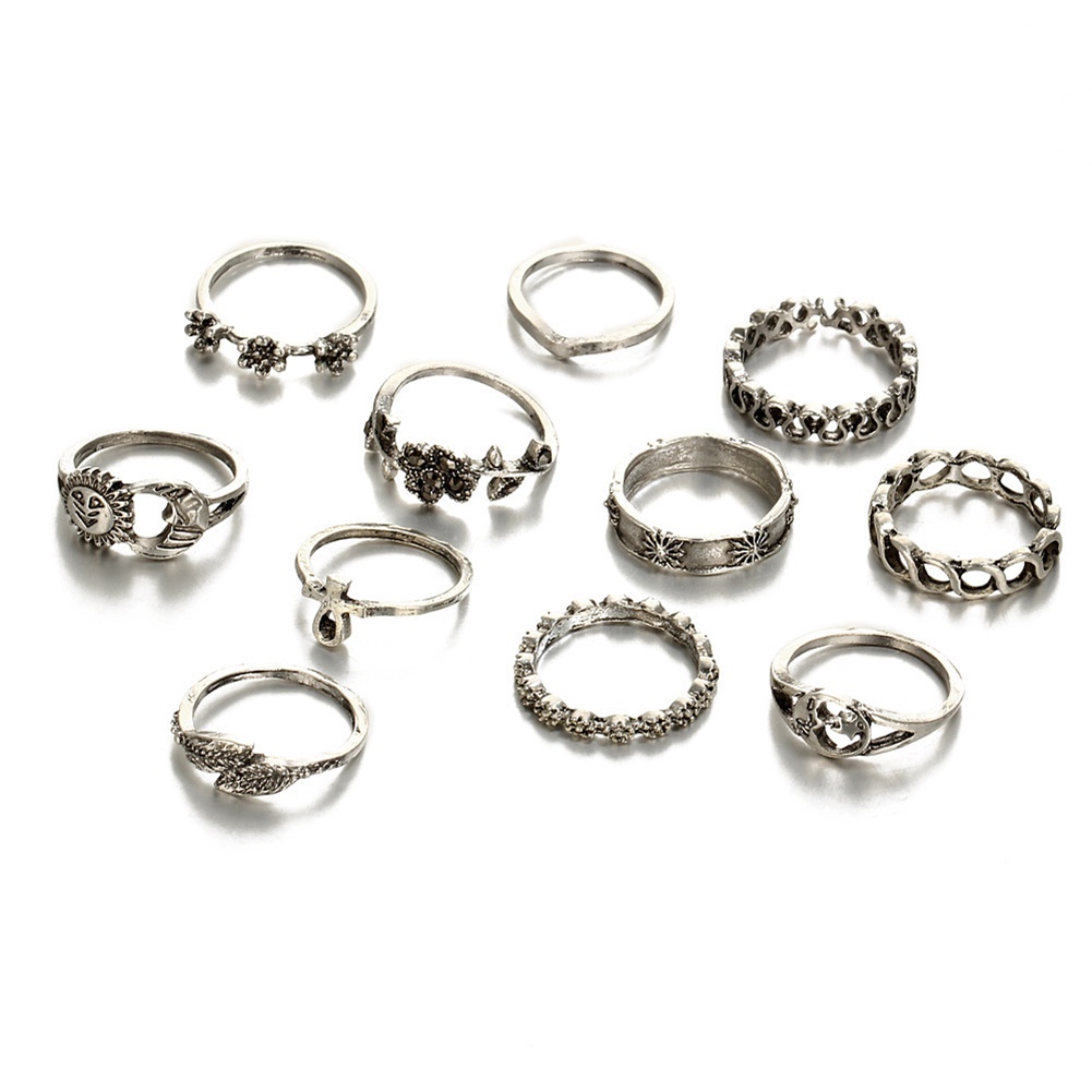 Hu Hu Hu Hu Hu Alat Bantu Pasang Kacamata♡ 11pcs / Set Cincin Buku Jari Aneka Bentuk Warna Silver Gaya Bohemia Untuk Wanita