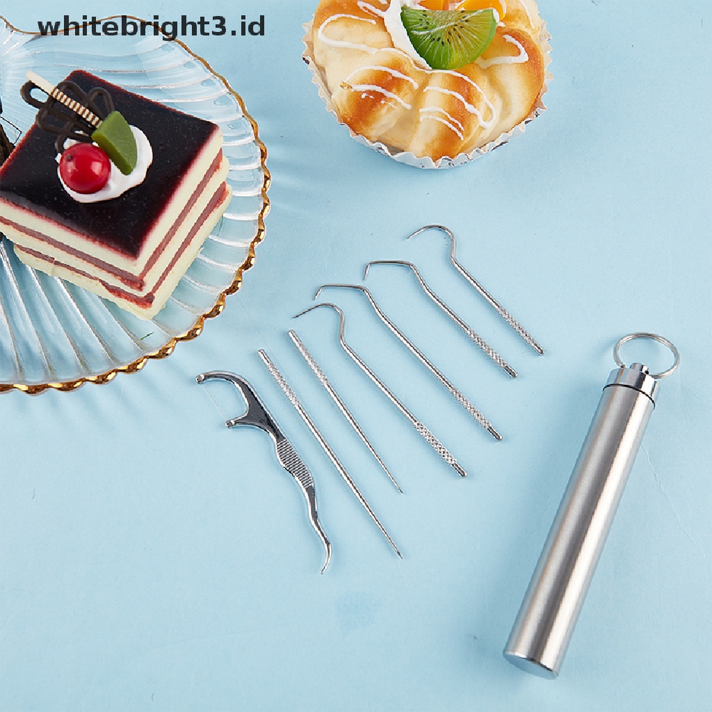 (whitebright3.id) 8pcs / Set Tusuk Gigi Stainless Steel Portable Reusable Untuk Outdoor / Piknik