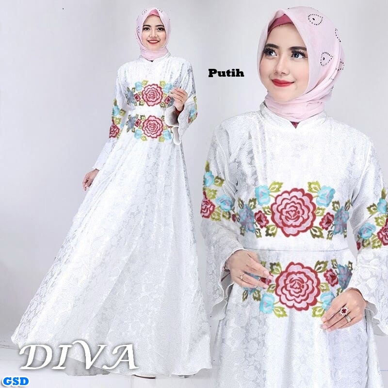 Baju Gamis Wanita / Dress Muslim Motif Bunga Bordir / Baju Pesta Muslim/ Maxi Diva