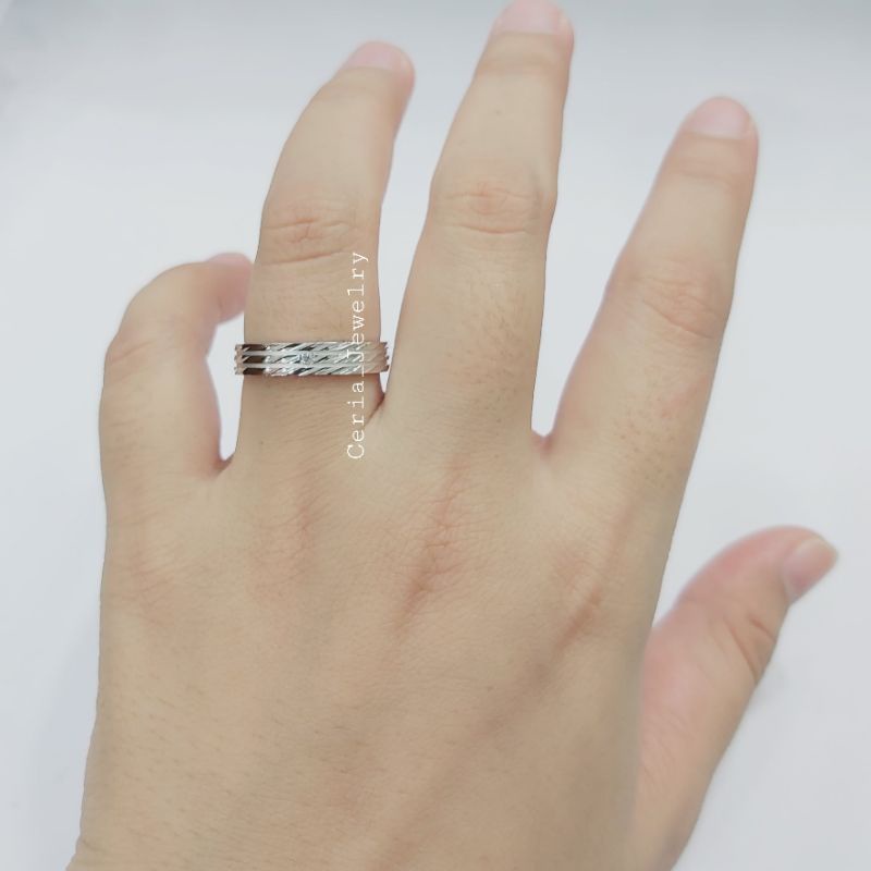 Cincin Perak Asli Pria Wanita Silver 925 Lapis Emas Putih Model Ukiran+Dop putih Cincin Pasangan , Couple - Perhiasan Perak Asli