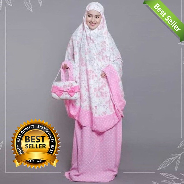 Mukena Bali Dasar Putih Motif Bunga Sakura Semi Jumbo warna Pink