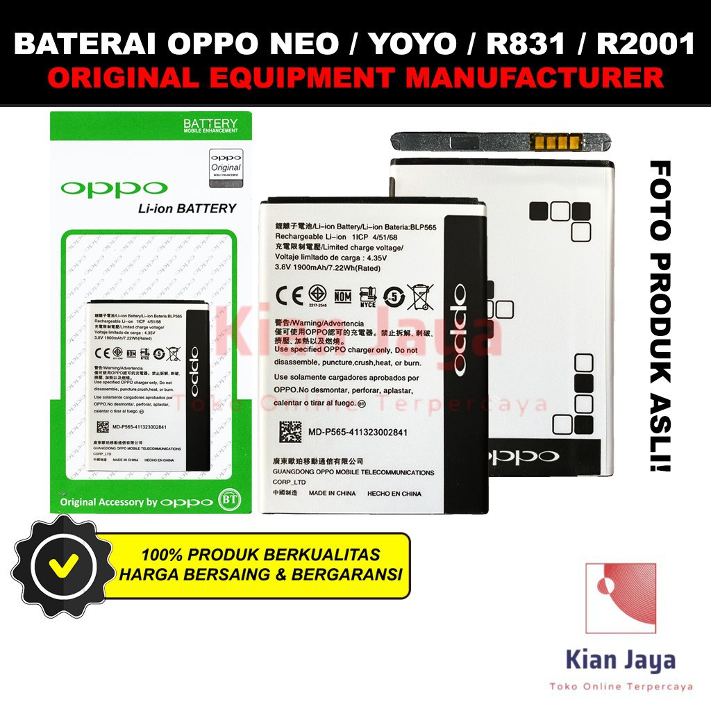 Baterai Oppoo Neo 3 / Yoyo / R831 / R2001 / BLP565 Original OEM Batre Batrai Battery Hp BLP 565 Ori