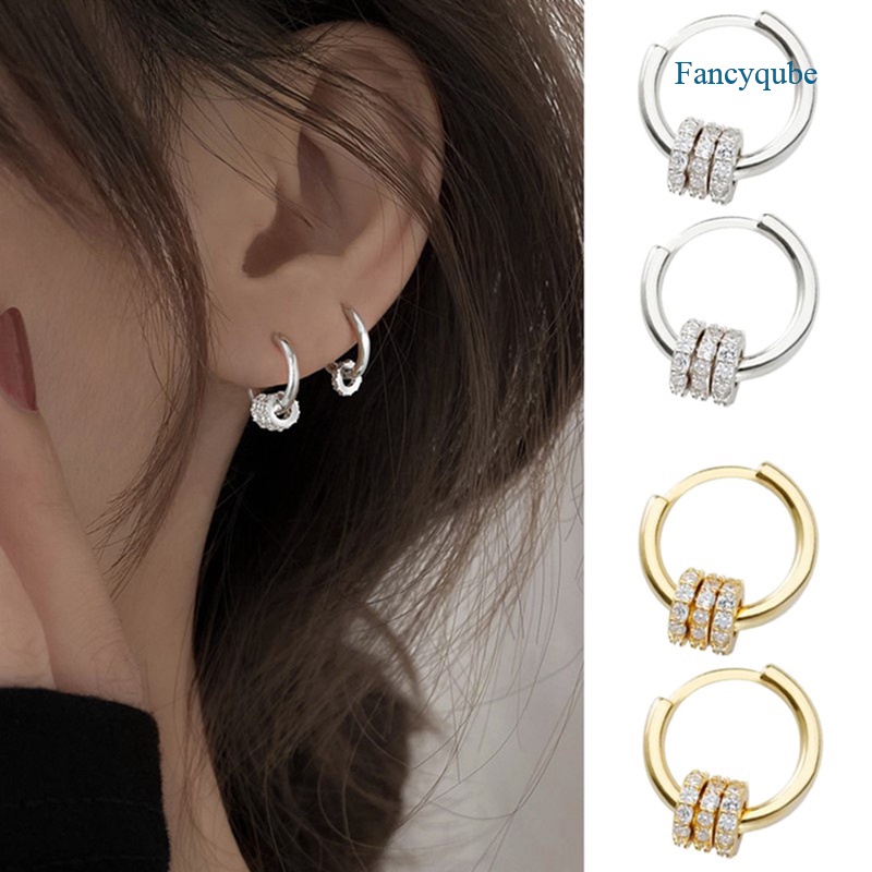 Fancyqube Anting Hoop Sterling Silver 925 Bentuk Bulat Hias Zircon Untuk Wanita
