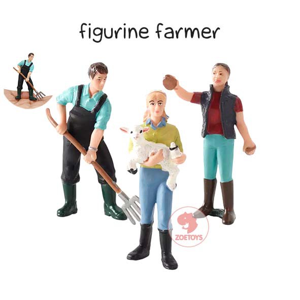 Zoetoys Figurine Farmer 3pcs | Character Miniatur Model Figure Petani untuk diorama | Down on the Farm Animal Toy Mini People