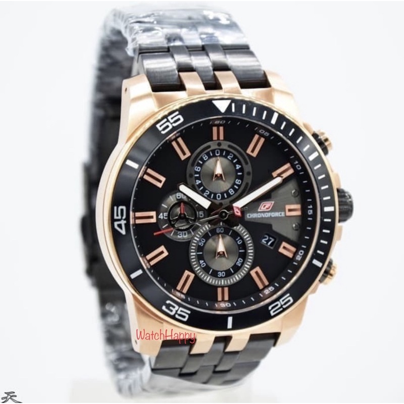 WatchHappy Chronoforce 5318 5318G CF 5318 Mens Watch Black Rose Gold Chronograph Stainless Original