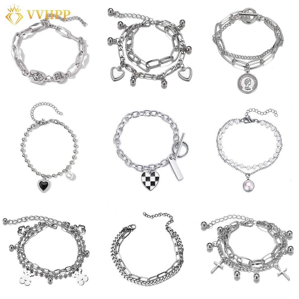 Gelang Multilayer Liontin Hati Aksen Mutiara Warna Silver Gaya Punk Untuk Wanita