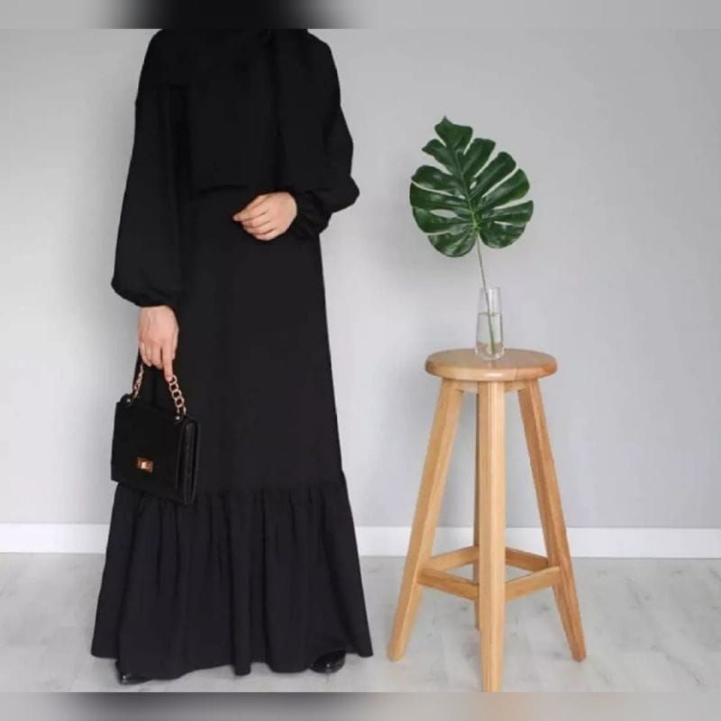 gamis Aqila hitam polos rempel umbrella tangan kerut busui alkhatib collection