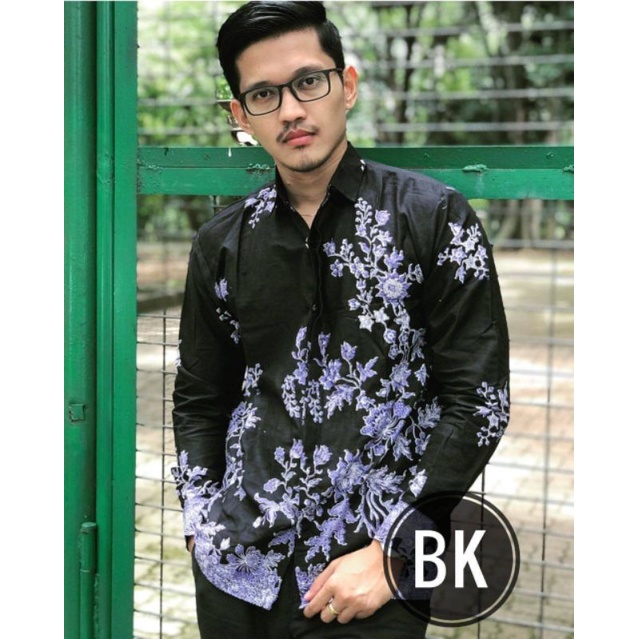 Kemeja hem atasan baju batik pria cowok biru tosca oren krem ungu lengan panjang big size jumbo xxl