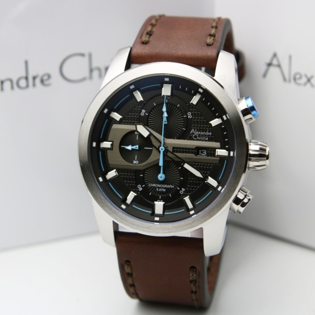 Alexandre Christie Original AC6562 Jam Tangan Pria Tali Kulit Coklat Silver