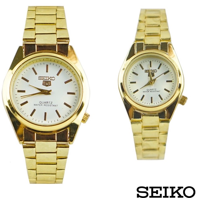 Terbaru Jam Tangan Couple Pria Wanita Seiko Tali Rantai Putih dan Gold