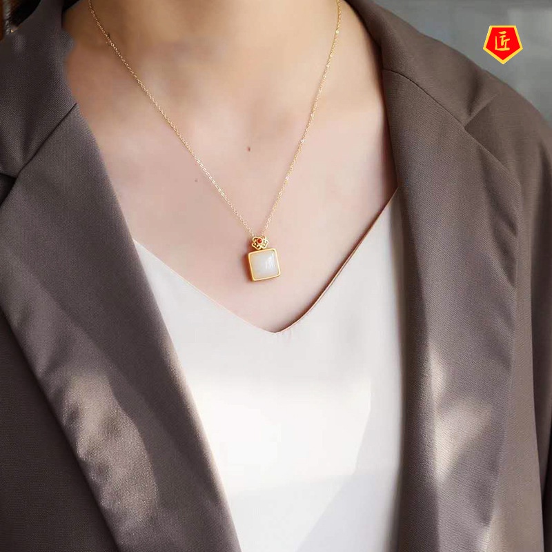 [Ready Stock]Hetian Jade Necklace Women's Small Square Pendant Chinese Style Classical Retro