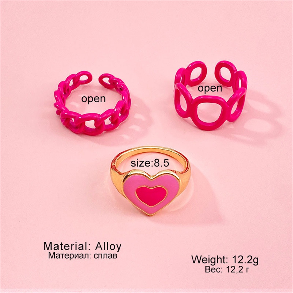 3pcs / Set Cincin Bentuk Hati Geometris Warna Pink Untuk Wanita