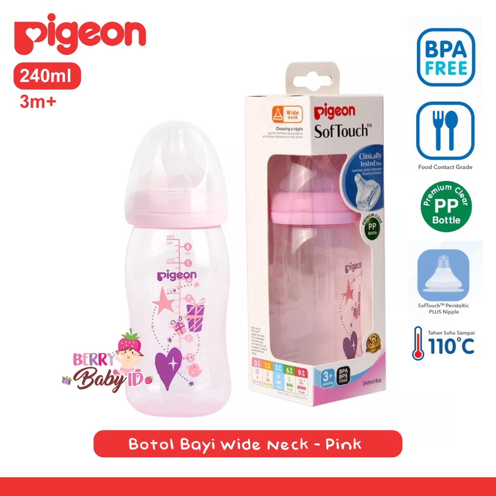 Pigeon Botol PP Clear Wide Neck Botol Susu Bayi 160ml 240ml 0m+ 3m+ Berry Mart