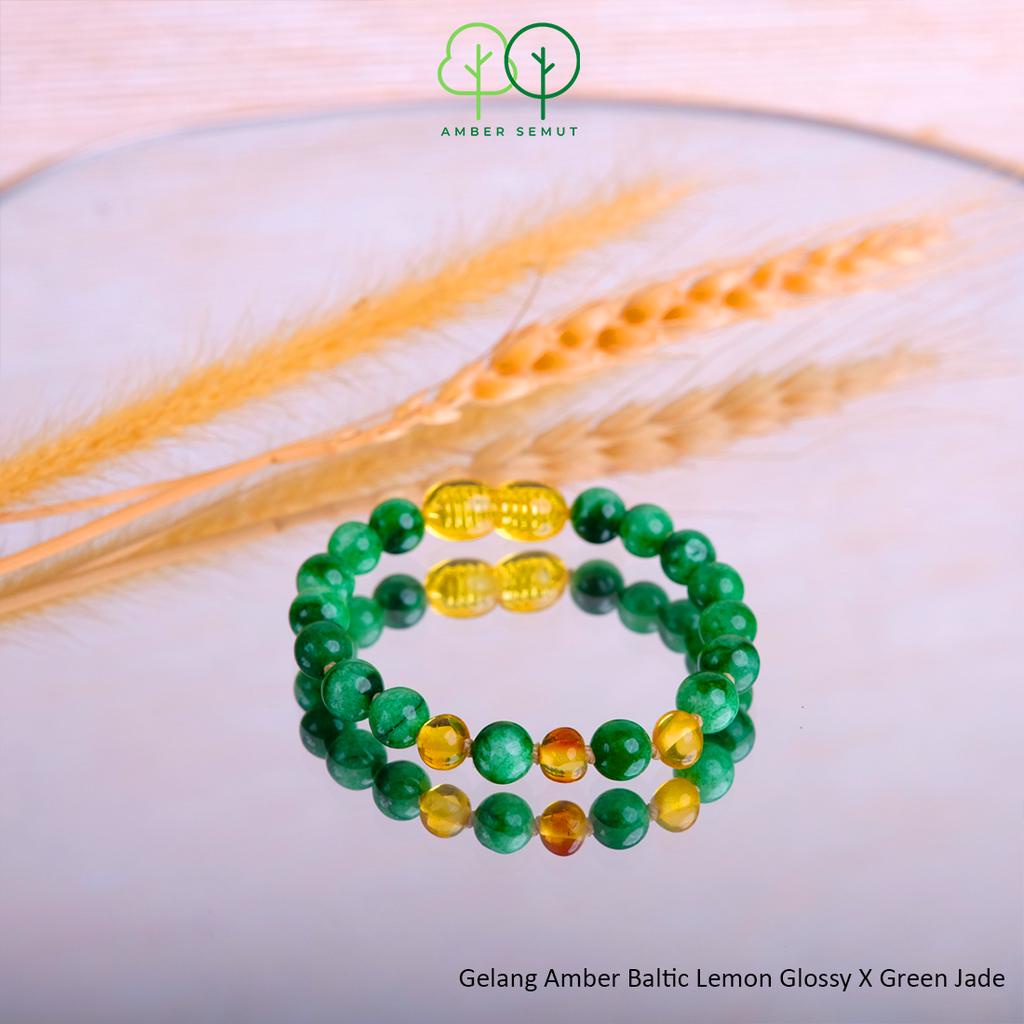 PROMO FREE GELANG - Kalung Amber Baltic Lemon Glossy X Green Jade by AMBER SEMUT