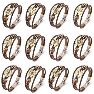 Gelang Tangan Kulit Bulat Handmade Desain Kepang Zodiak 12 