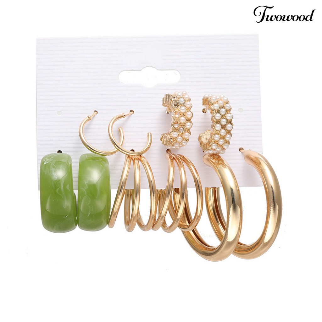 5 Pasang Anting Hoop Bentuk Bulat Aksen Mutiara Imitasi Bahan Metal Gaya Bohemian