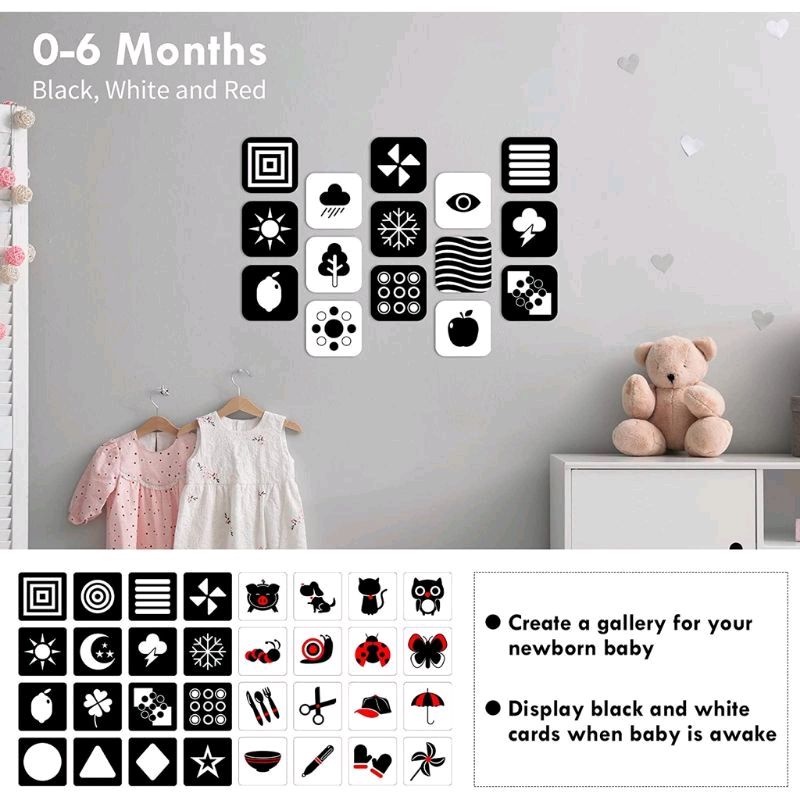 Mainan Edukasi Flashcard Baby Kartu Pintar Hitam Putih Flash Card Black White High Contrast Vision Dekorasi Kamar Bayi Buku Bayi Baby Gift Newborn Montessori Kado Bayi Tummy Time