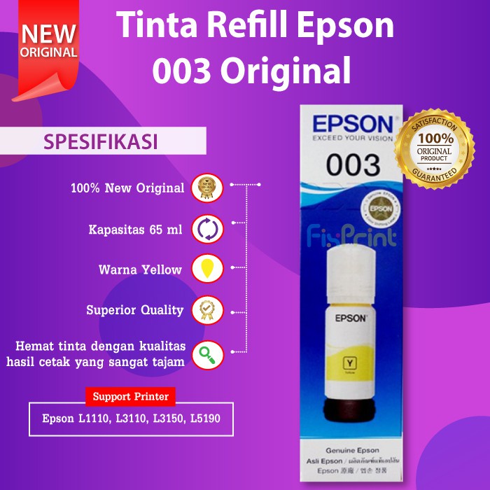 Tinta Epson Original 003 C13T00V Refill Botol Printer Epson L1110 L3110 L3150 L3116 L3156 L5190 65ml  EcoTank L1210 L3210 L3216 L3250 L3256 L5290 L5296 L1110 L3110 L3150 L5190