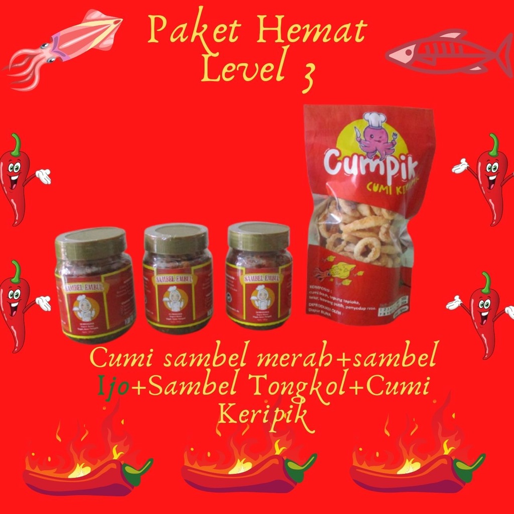 

Sambel Embul-Paket Hemat Level 3 (sambel cumi+sambel ijo cumi+sambel tongkol+cumi keripik)