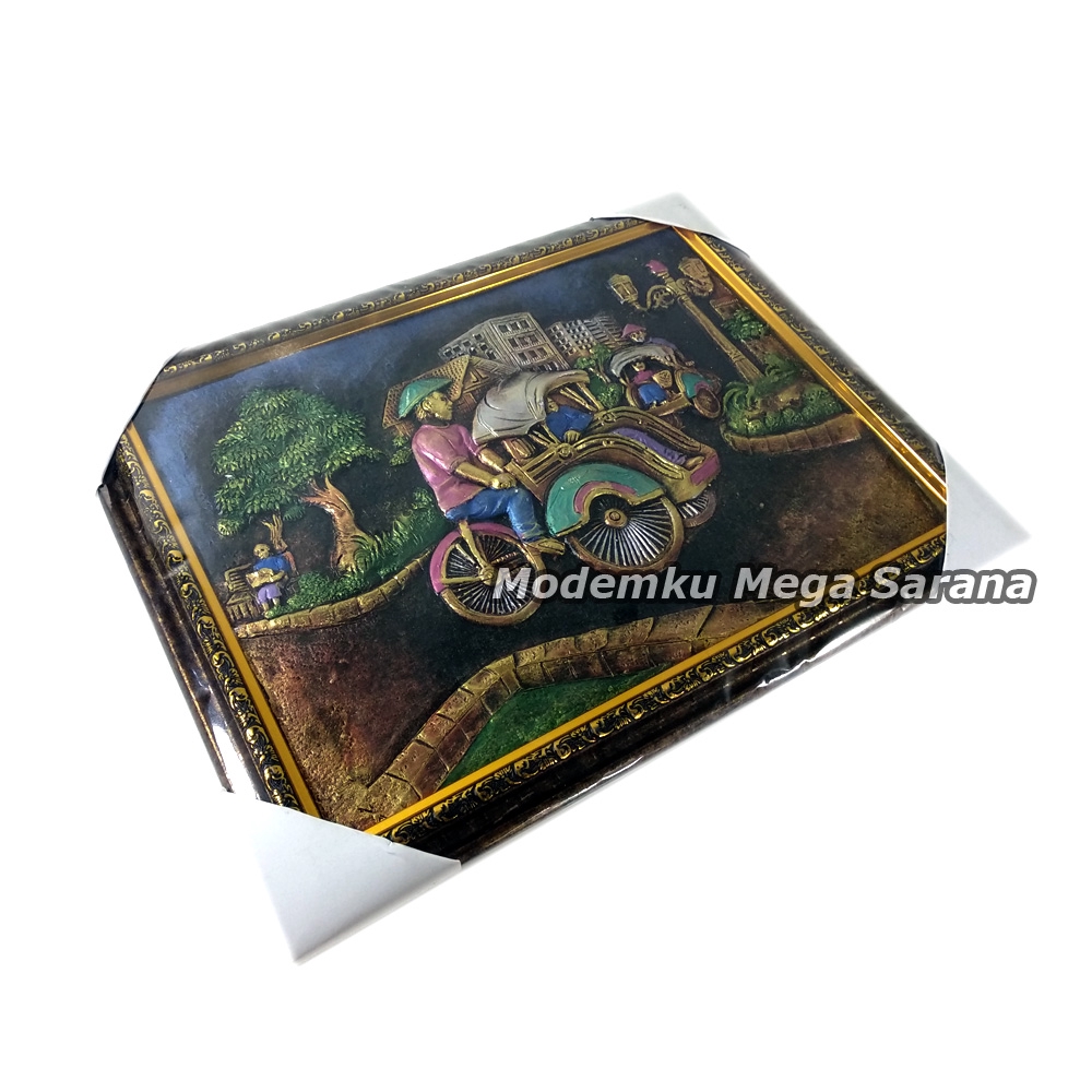 Lukisan Rilief Lukisan 3D Lukisan Timbul Becak Jawa Tradisional 42x32cm