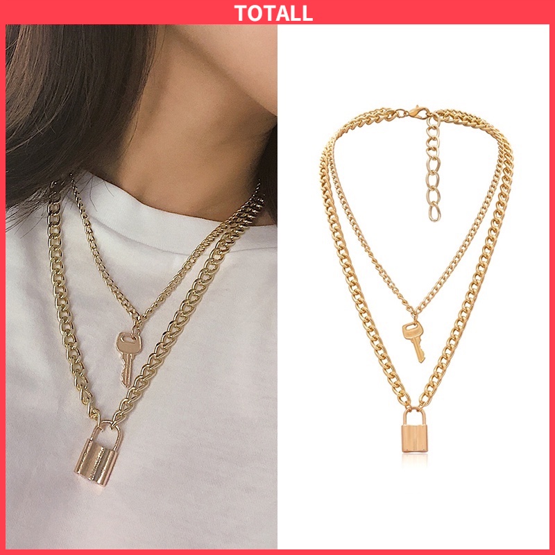 [✅READY STOCK] Kalung Rantai 2 Layer Liontin Gembok Hati Retro Simple Kreatif Untuk Wanita Fashion Kalung Penjualan Panas Mode