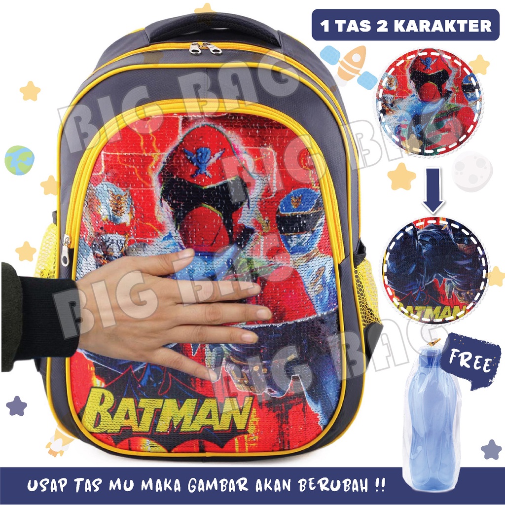 Tas Ransel Anak Laki Laki Karakter POWER RANGERS &amp; BATMAN - Tas Ransel Model Usap / Swipe + BOTOL
