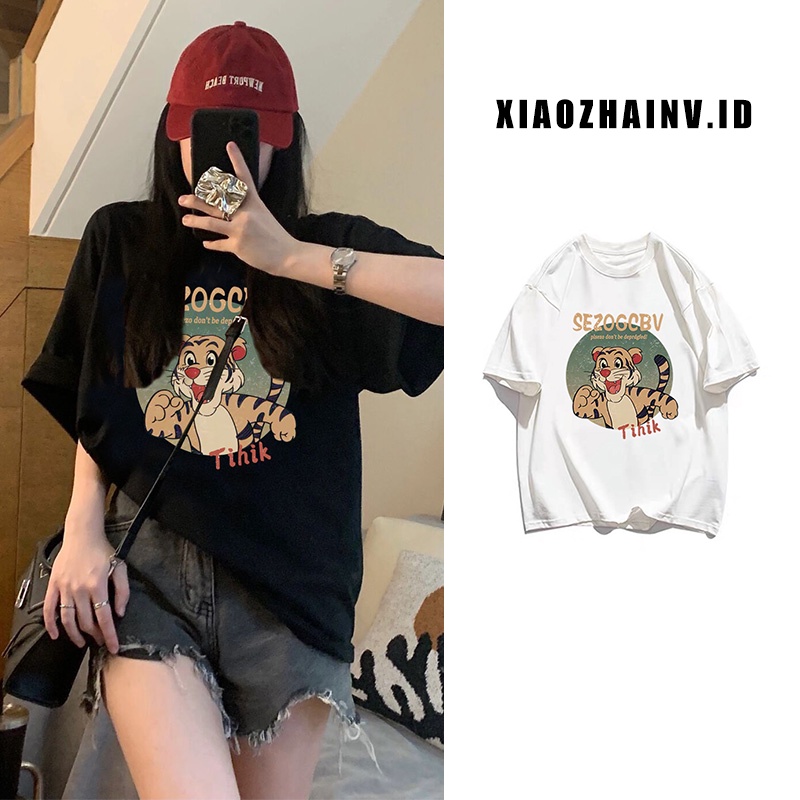 XIAOZHAINV Kaos Atasan Wanita Tiger Anime Pattern Lengan Pendek Hitam