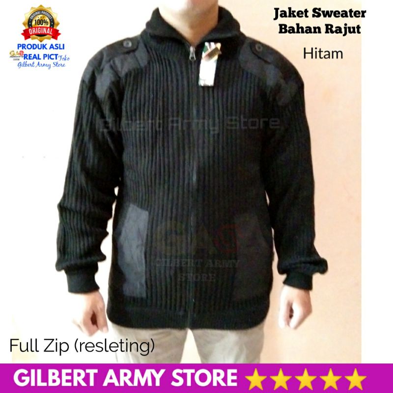 GILBERT ARMY STORE Sweater Hitam Polos Pria Rajut Tni Polri Jumbo L,XL,XXL Full Zip Resleting Kualitas Premium