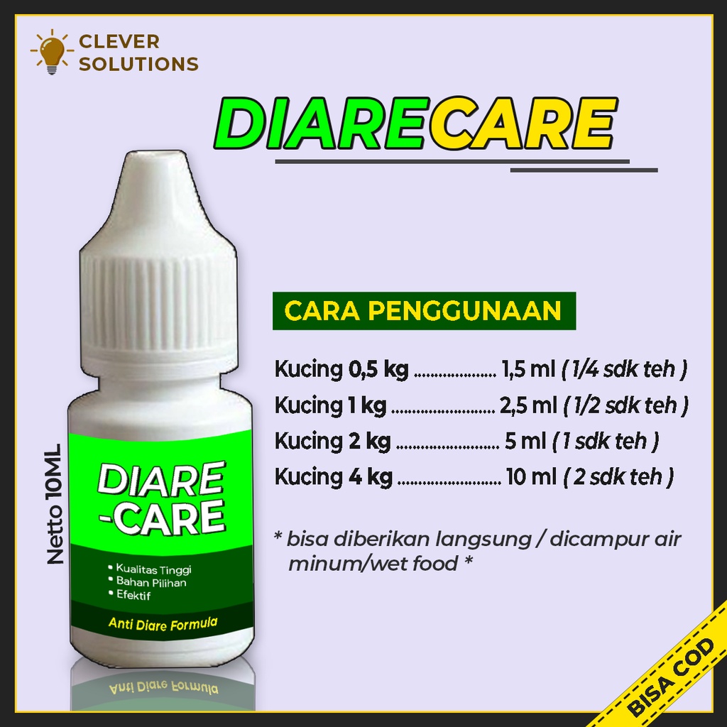 Obat Diare Kucing DIARE-CARE Obat Anti Diare Mencret Berak Darah Gangguan Pencernaan Kucing Muntah Cat Kitten by Clever Solutions Primacat Prima Cat Olive Care Koinami Babah Cat House  Vitamin Kucing Pakan Kucing