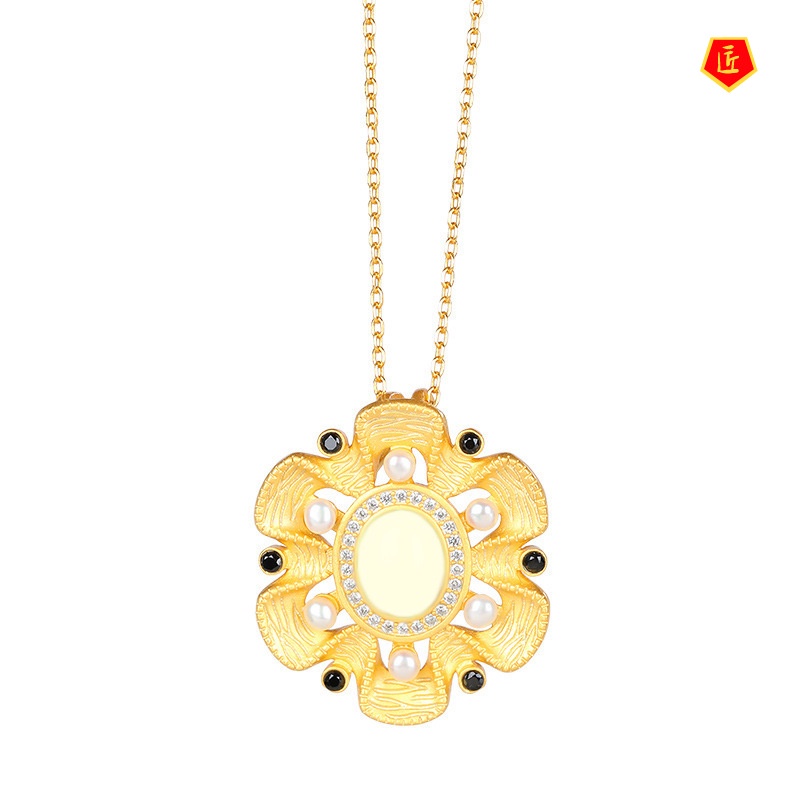 [Ready Stock]Inlaid White Jade Necklace Baroque Palace Style High-End Pendant