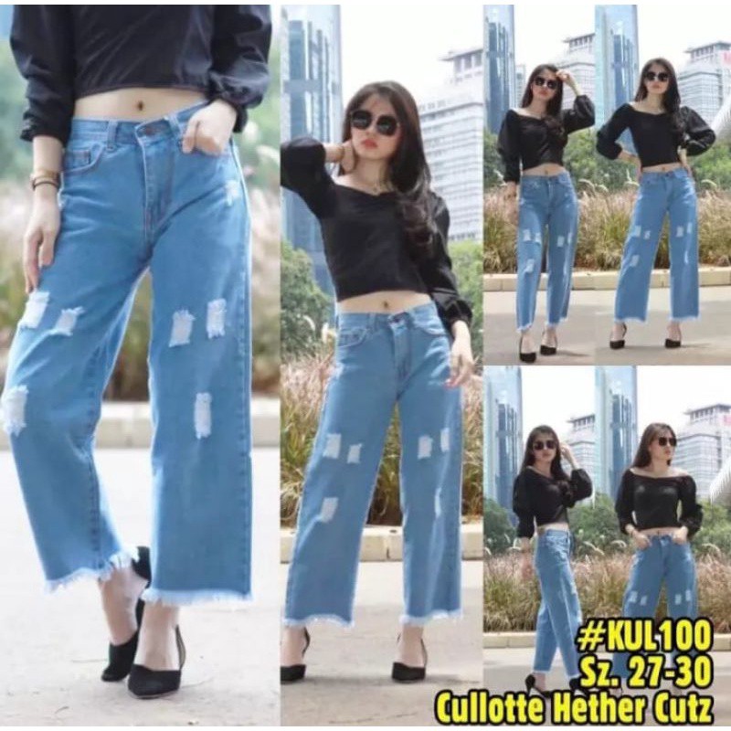 Highwaist kulot jeans sobek rawis / Celana Kulot Highwaist Sobek lutut kekinian //Kulot Jeans Sobek highwaist terbaru