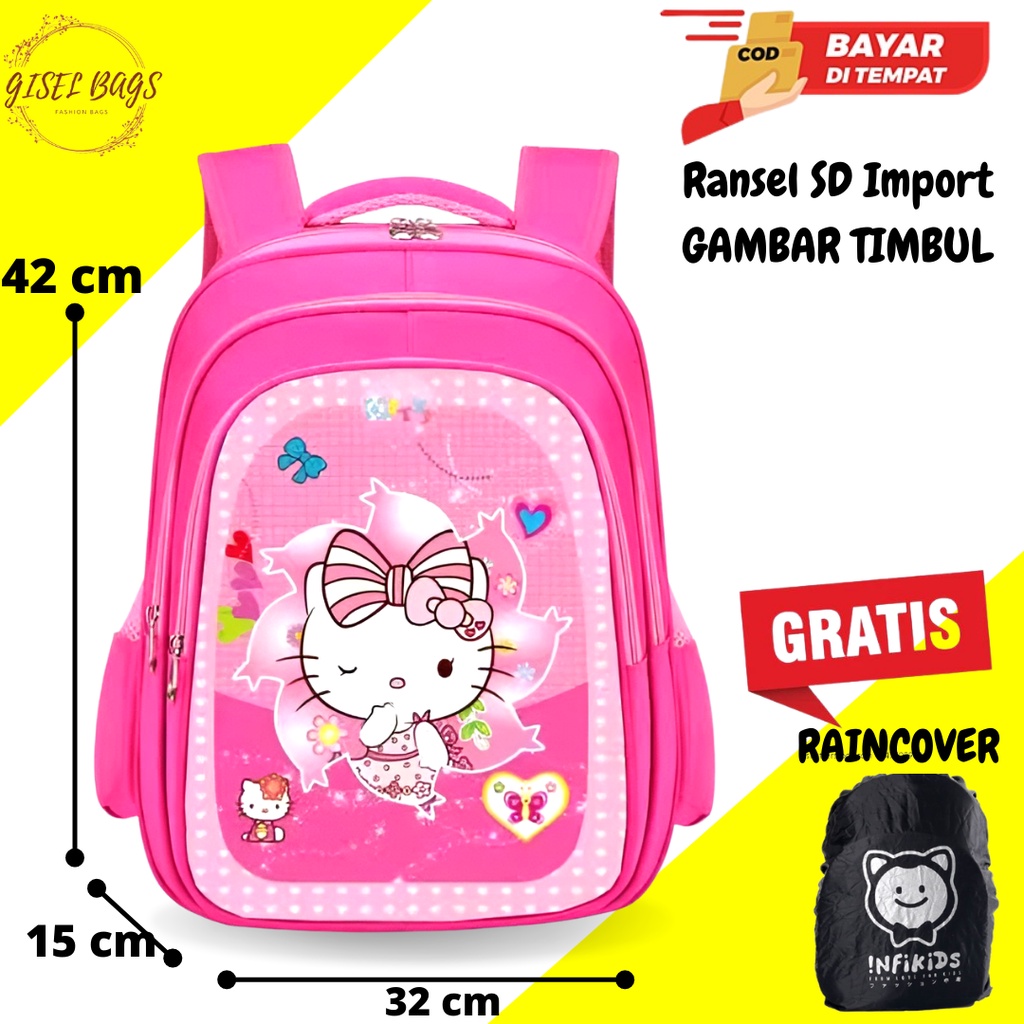 GB Tas anak peremuan sd ransel anak import gambar timbul gratis raincover bahan nilon bisa bayar di tempat cod