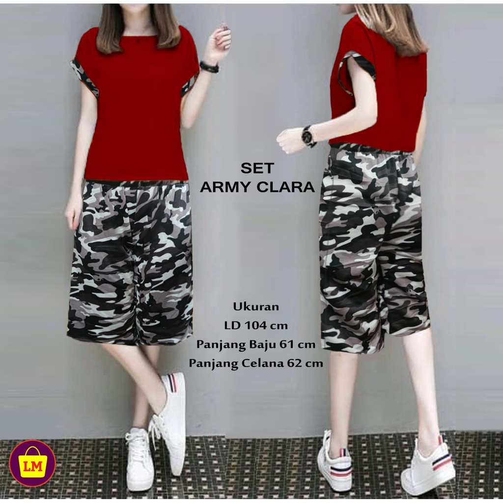 TERMURAH Baju Setelan Pakaian Wanita SET ARMY CLARA Motif Loreng Tentara Trendy Terkini LMS 20255