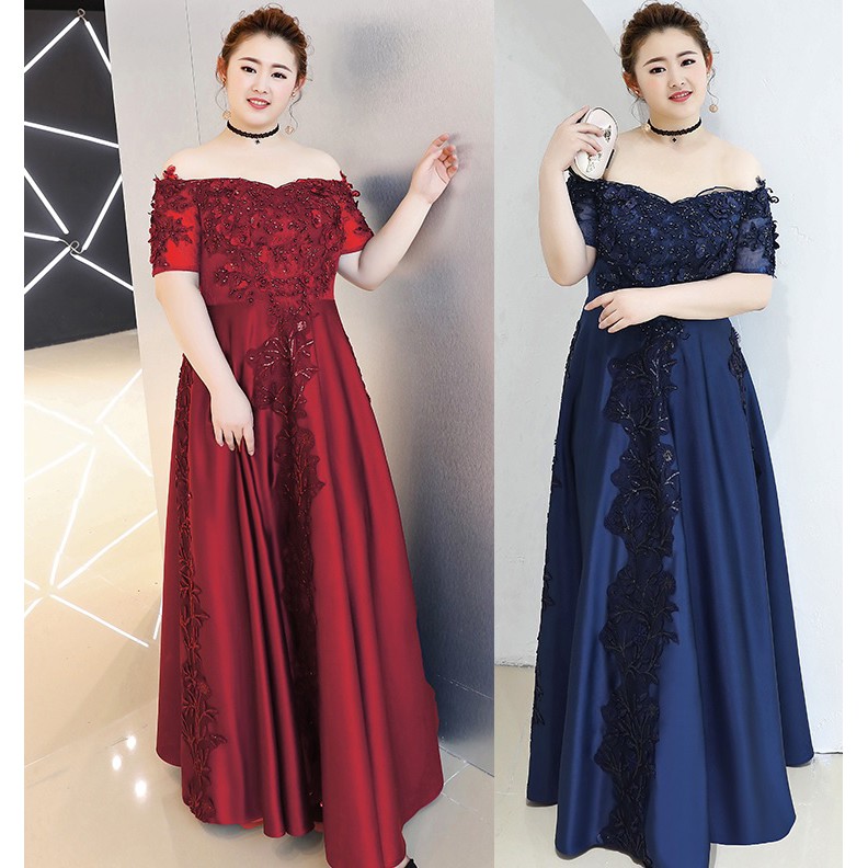 Gaun Pesta 2108026 Big Size Merah Navy Sabrina Satin Lengan Siku Party Dress