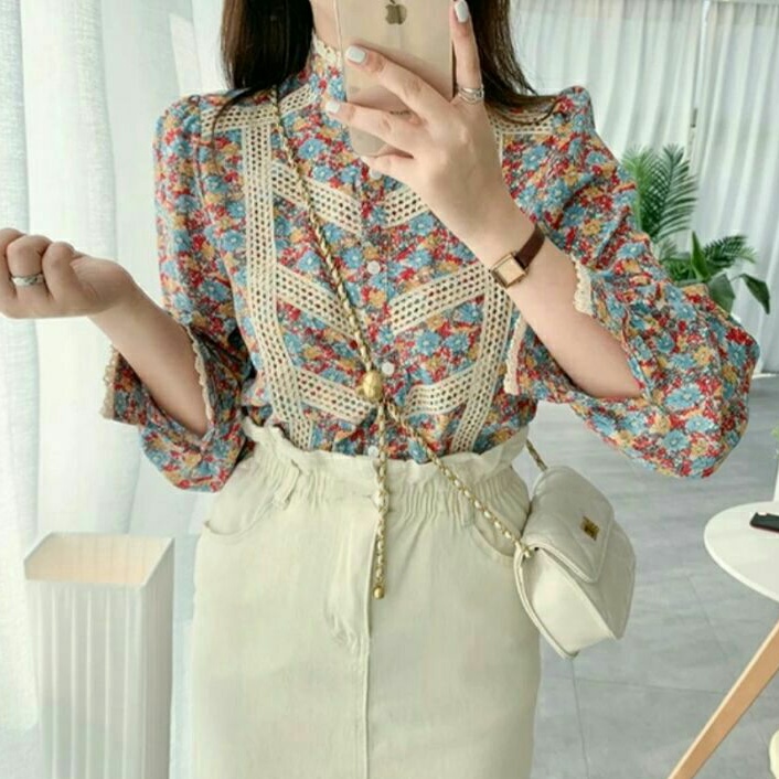 2081 Baju atasan blouse kemeja lengan panjang motif bunga floral flower vintage Korea Korean style w
