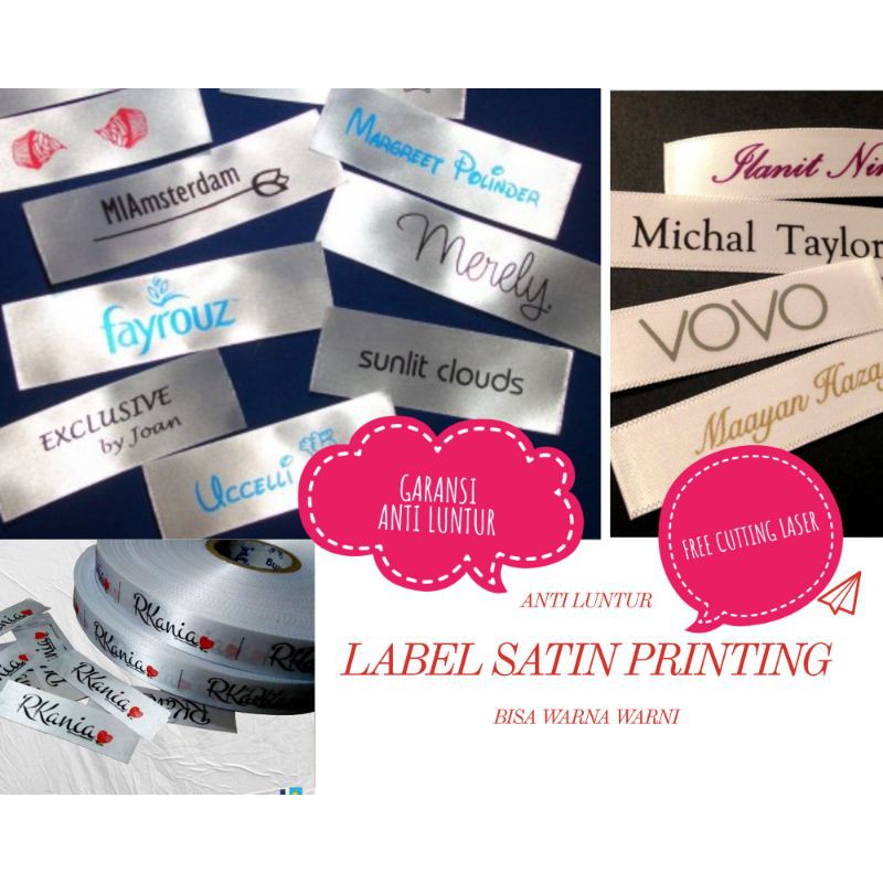 

PRINTING ANTI LUNTUR LABEL SATIN | FREE DESAIN | LABEL BAJU | Hangtag| Hijab dll (isi 50 pcs)