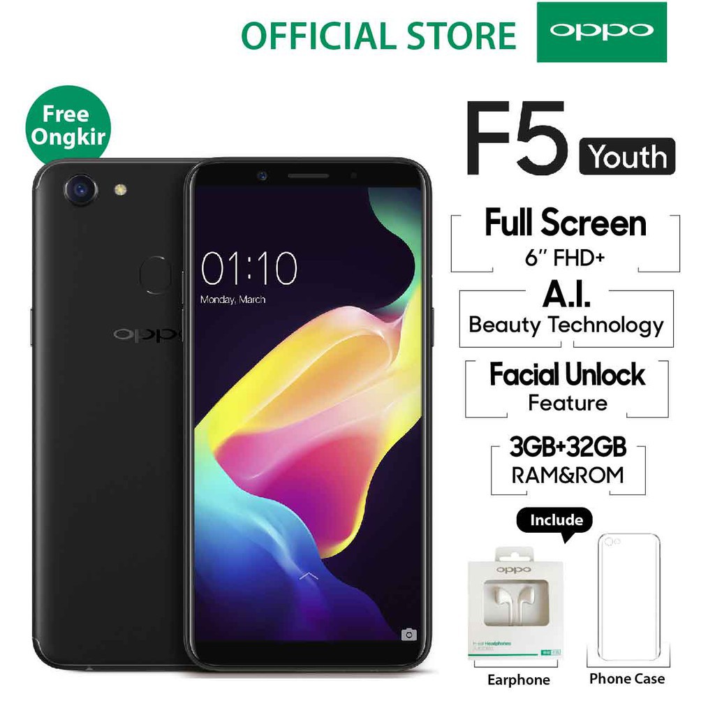 Oppo F5 Smartphone Youth 3GB/32GB Black (Garansi Resmi Oppo, Gratis Ongkir)