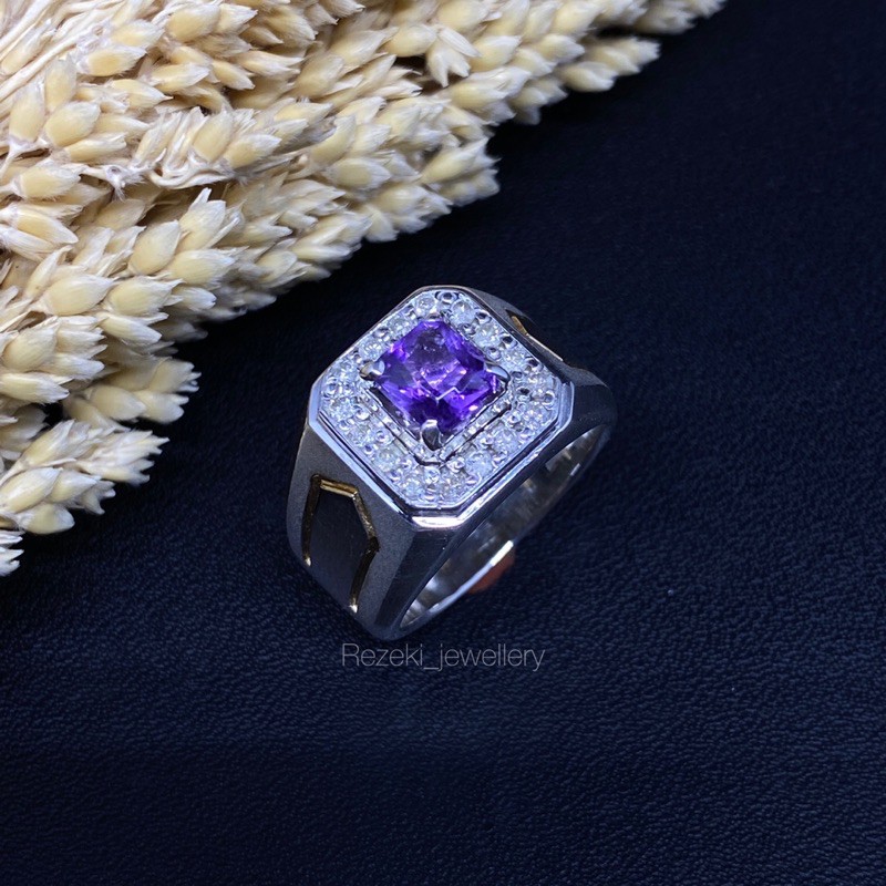 cincin berlian laki2 natural diamond mata utama natural amethyst kecubung pangkalanbun ring silver p