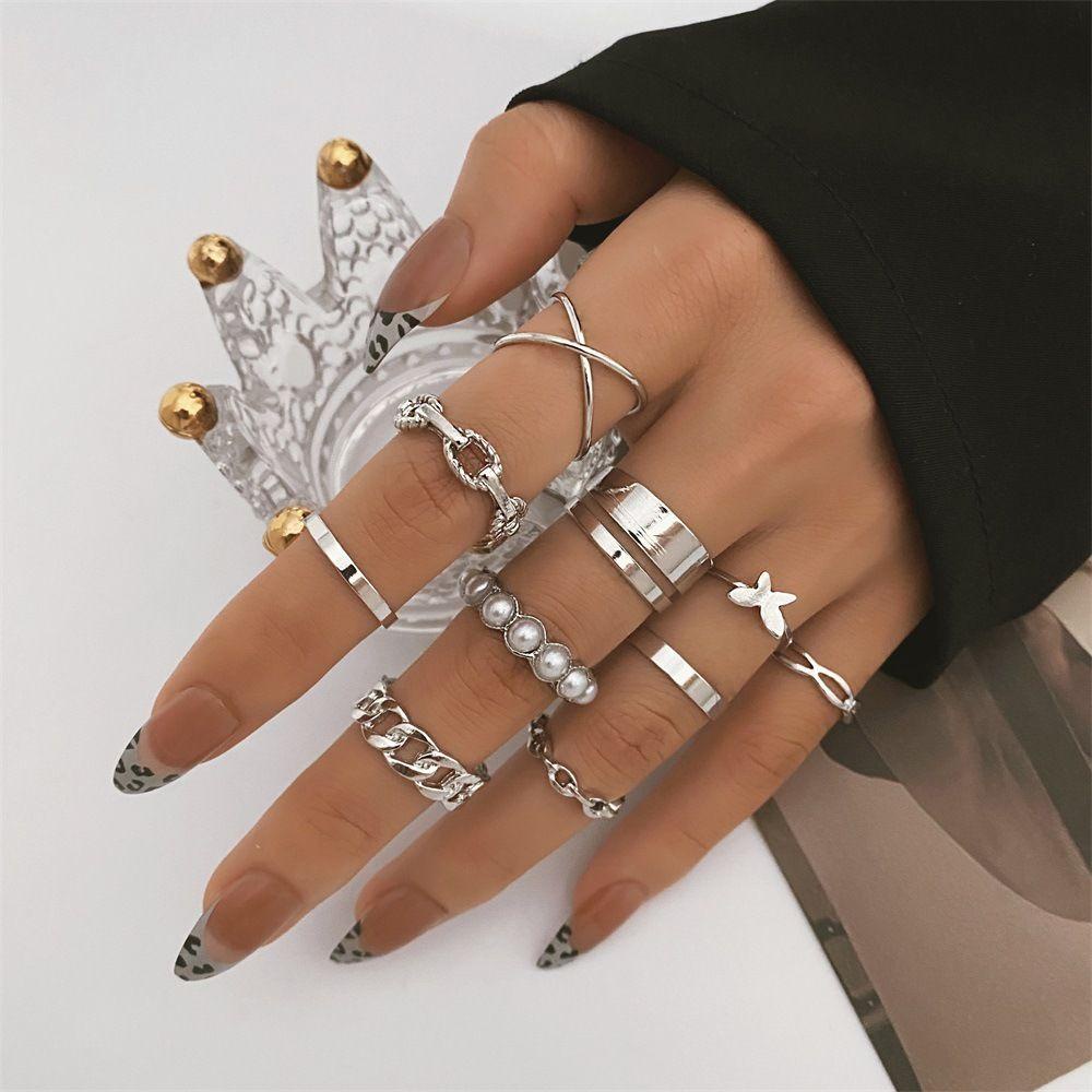 Lily 10PCS set Cincin Hadiah Pesta Desain Fashion Hollow Gold/Silver Geometric Finger Knuckle