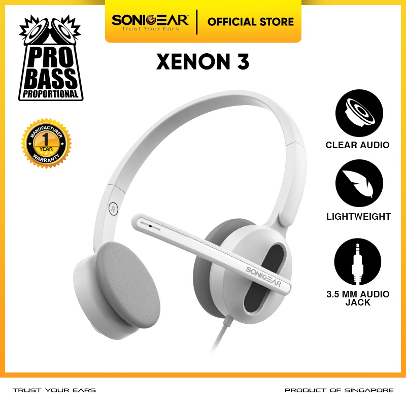 Headset Microphone Headphone SonicGear Xenon 3 untuk Office Sekolah Gaming | Portable Light Weight
