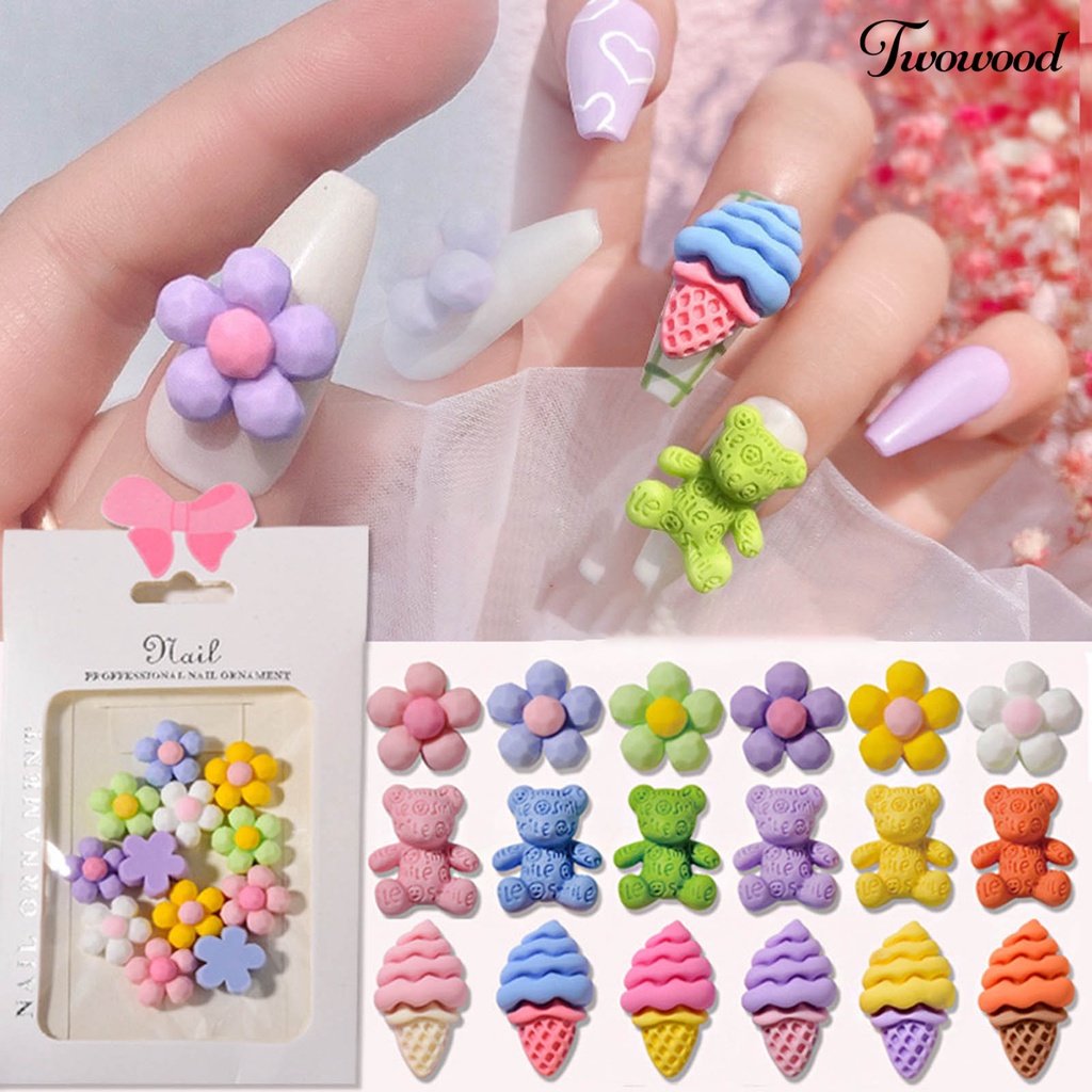 Twowood 12Pcs / Set Ornamen Kartun Beruang / Bunga Bahan Resin Untuk Dekorasi Nail Art DIY