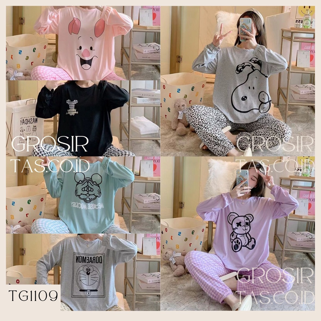 GROSIRTAS TG1109 Set Piyama Baju Tidur Wanita Import ColorFull Ujung Tangan dan kaki Karet Kerut