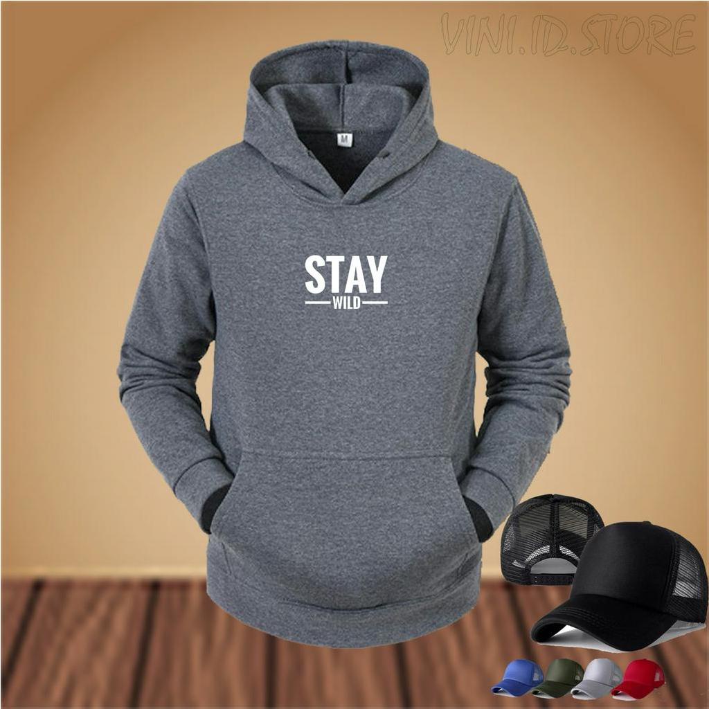 FREE TOPI POLOS.... HOODIE STAYWILD 0002 MOTIF PUTIH+TOPI//Sweatshirt Hoodie Pria/Wanita//Sweater Ke