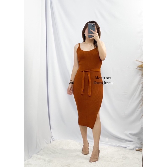 MDLV ~ DRESS JENNIE RAJUT DRESS BODYCON SLIDE SAMPING DRESS KOREA STYLE DRESS MIDI FASHION WANITA