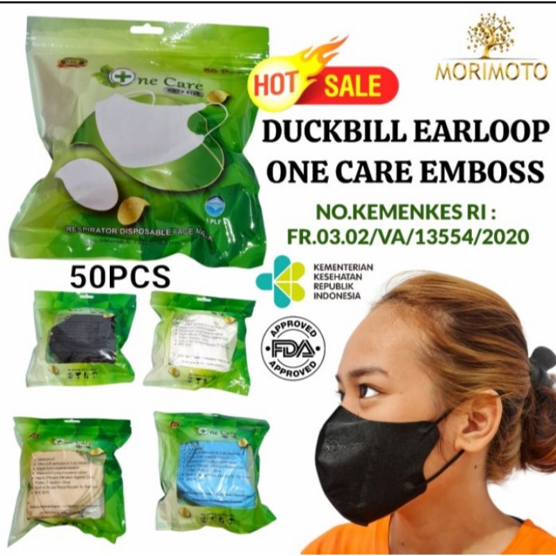 Masker Duckbill GARIS 1 POUCH/BOX ISI 50Pcs ( EMBOS ONE CARE ) Warna Hitam - Putih - BIRU - PINK